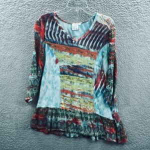 Parsley & Sage Womens Boho Tunic Top L Multicolor Patchwork Artsy Festival Flowy